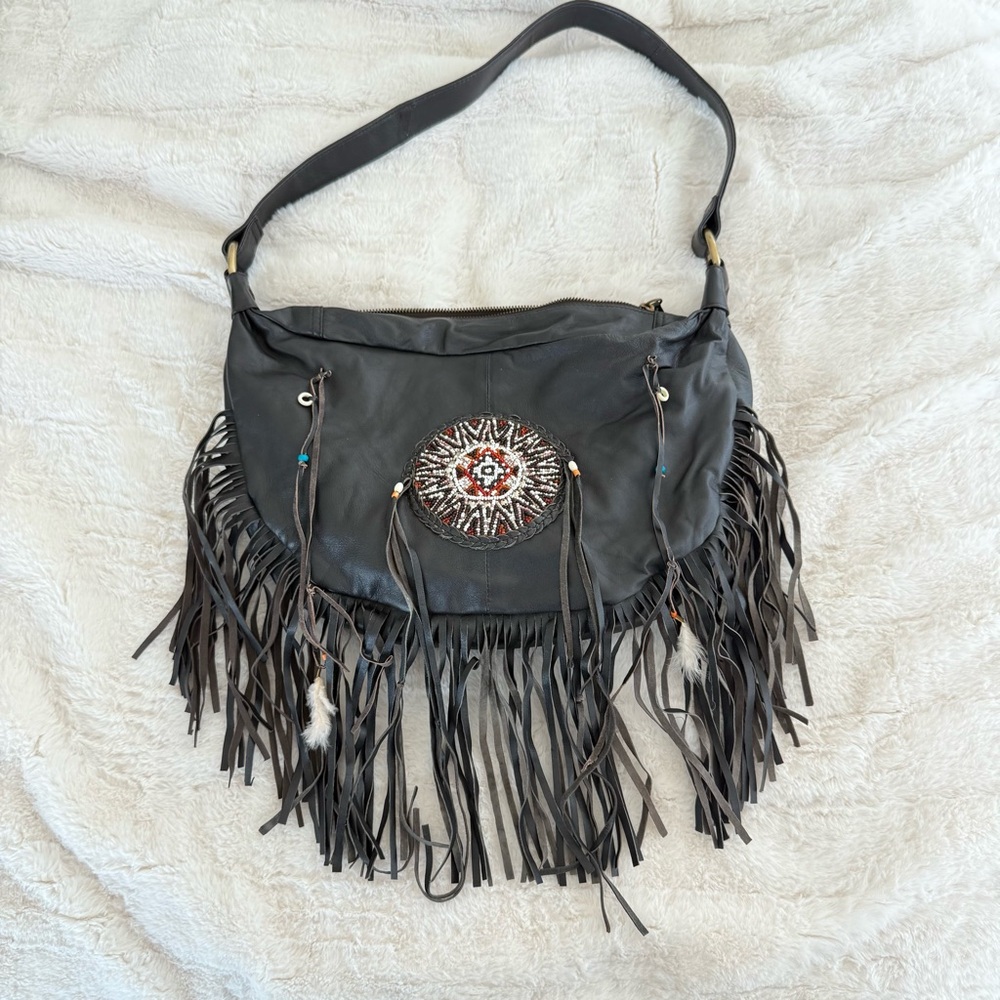 Boho Western Beaded Fringe Leather Shoulder Bag Dark Brown Embellished Feather